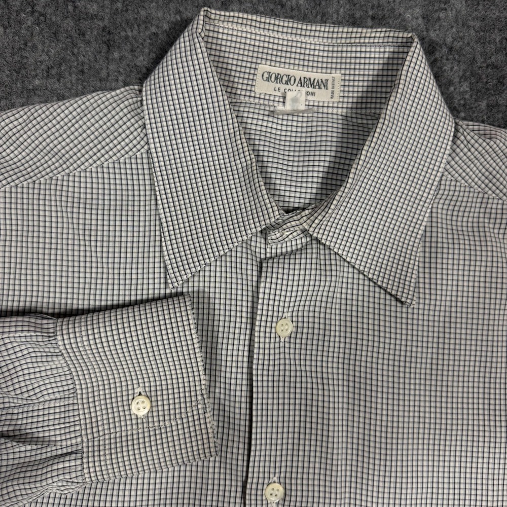 Giorgio Armani Le Collezioni Grid Dress Shirt Mens 16/41 Blue White Cotton EUC